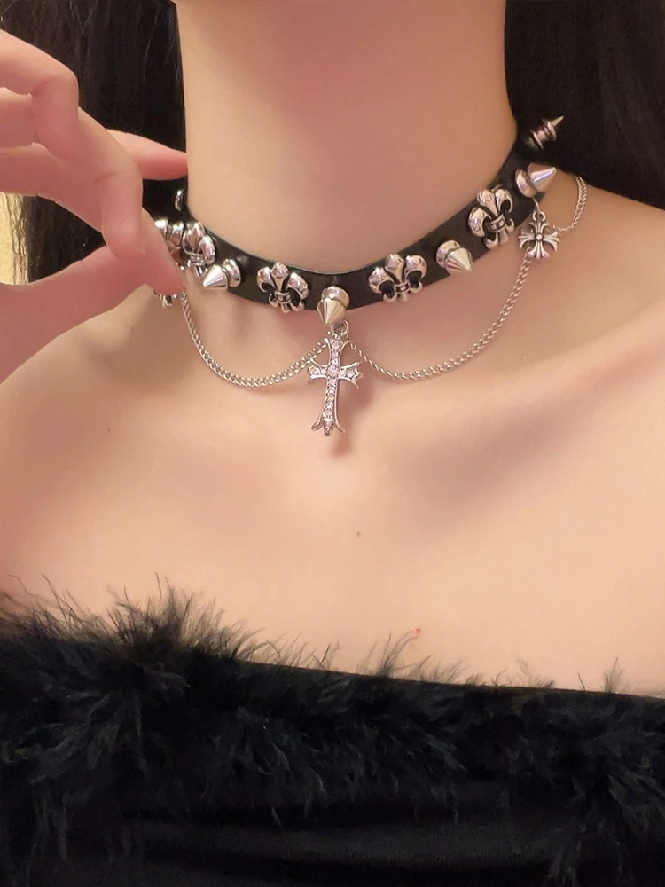 DiamondEmbedded Leather Fringe Cross Studded Necklace Choker for Girls Sweet Cool Style Versatile Accessory