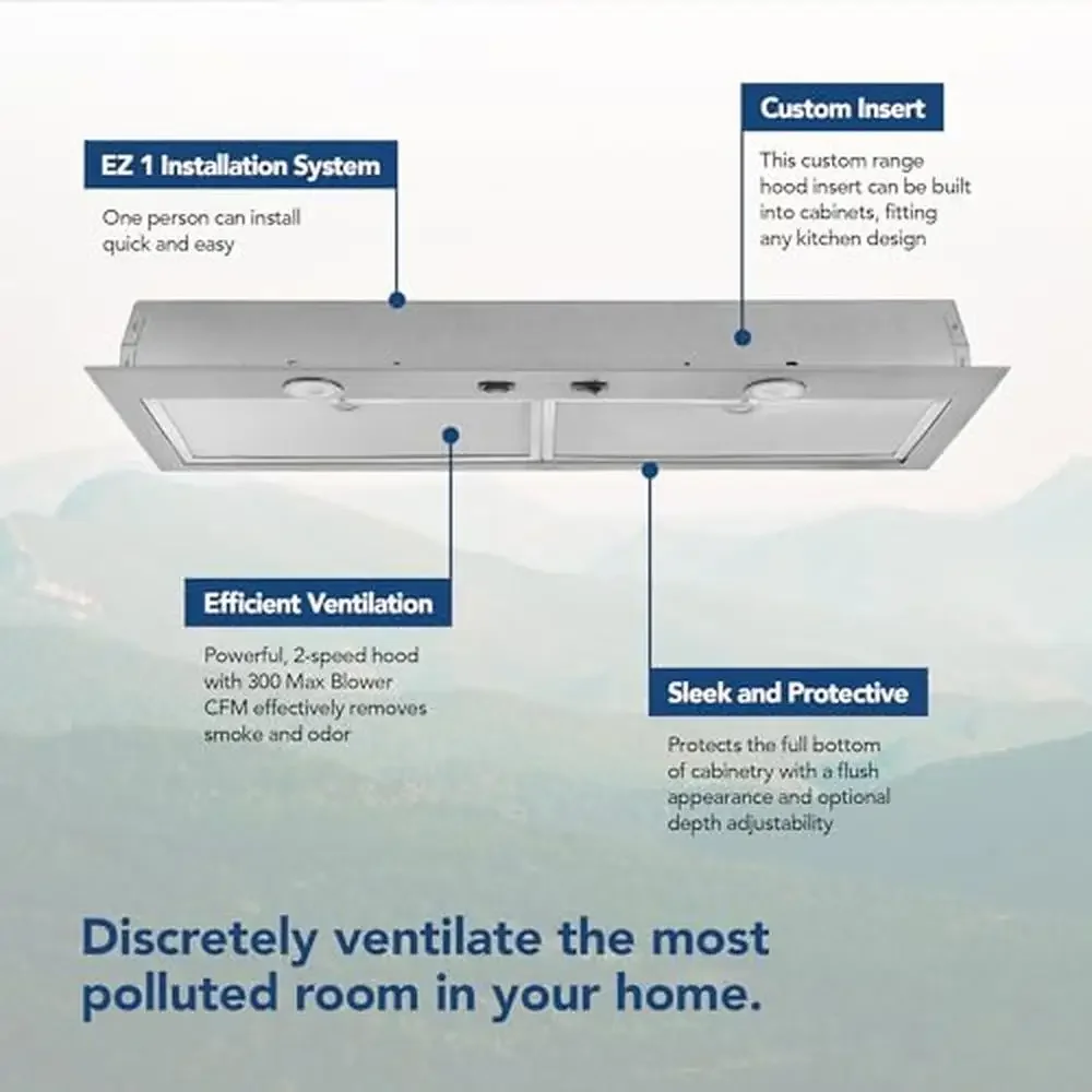 Built-In 2-Speed Exhaust Fan and LED Light 300 CFM Stainless Steel Range Hood Insert 24-Inch Power Pack Easy Install Ideal