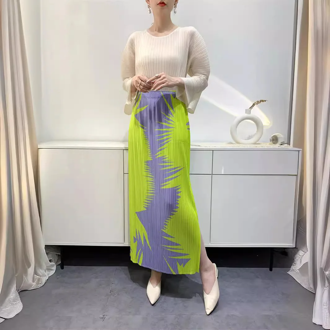 Miyake Plissierter Halbrock 2025, Sommer, neu, bedruckt, geteilt, bequem, lässig, lang, hohe Taille, schmaler Faltenrock