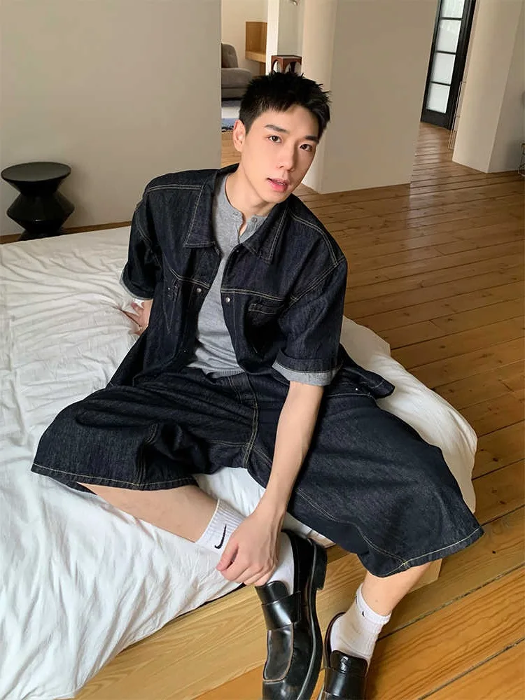 

Ретро-рубашка-куртка из денима в американском стиле с двойными карманами, унисекс, свободного кроя, повседневная, в стиле High Street, универсальная, премиум-класса