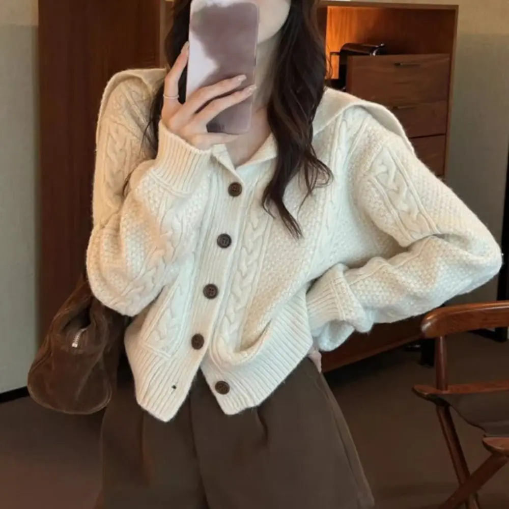 

Fashion Flip Collar Grid Crochet Sweater Autumn Spring Loose Cardigans Women Y2K Ladies Tops Preppy Style Slim Crop Coats Girl
