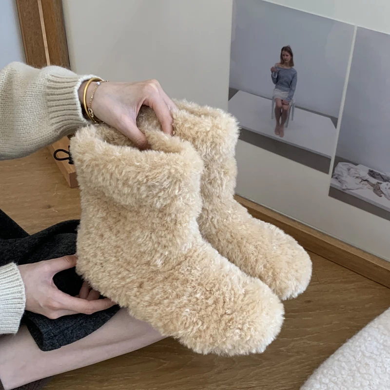 

snow boot Shoes Woman round toe Ankle Boots casual flats slip on shoes winter warm comfortable zapatos de mujer apricot brown