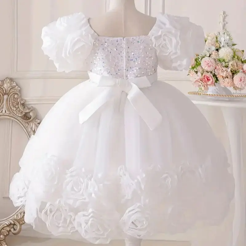 Kinder Mädchen Kleidung Puffärmel Blume Prinzessin Spitzenkleid für Kinder formelle Hochzeit Geburtstag Bankett Abendkleid 2 bis 6 Jahre