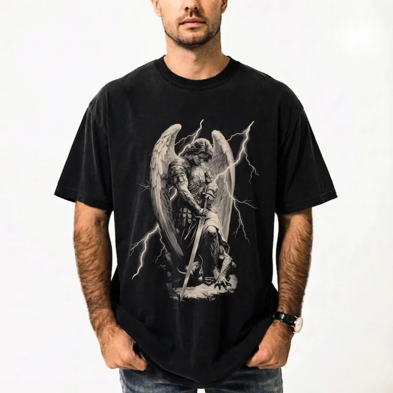 Women's Saint Michael Archangel T Shirt Vintage Catholic Protection Devotion Men Tee Unisex Vintage Oversized Loose Short Sleeve