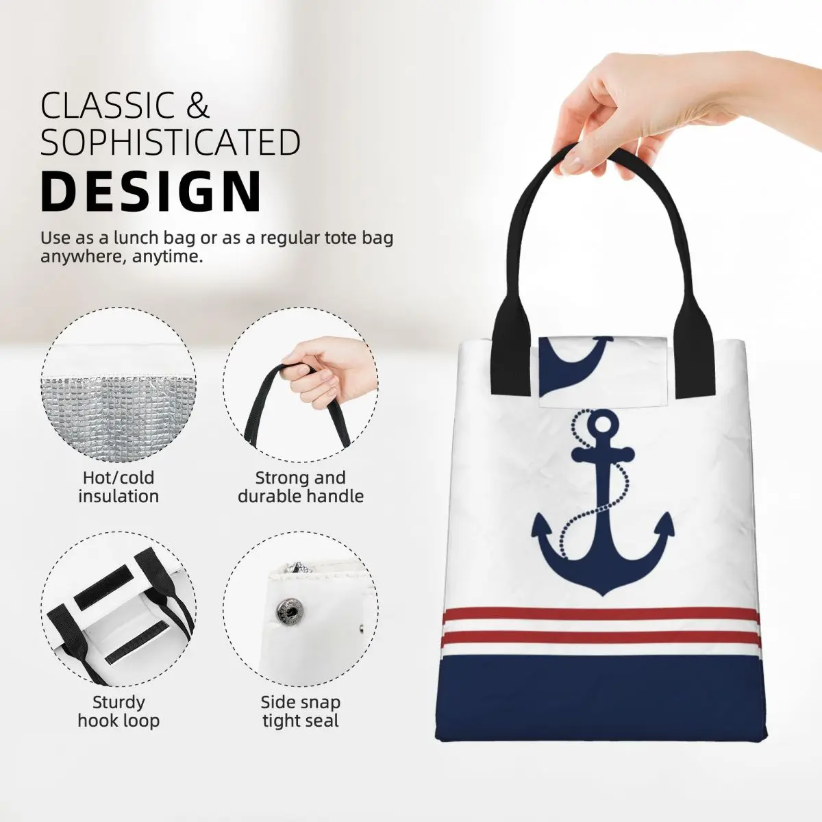 Nautical Navy Blue Anchor With Stripes Lunch Bag Portable Sailing Sailor Cooler Thermal Insulated Bento Box Women Food Tote Bags