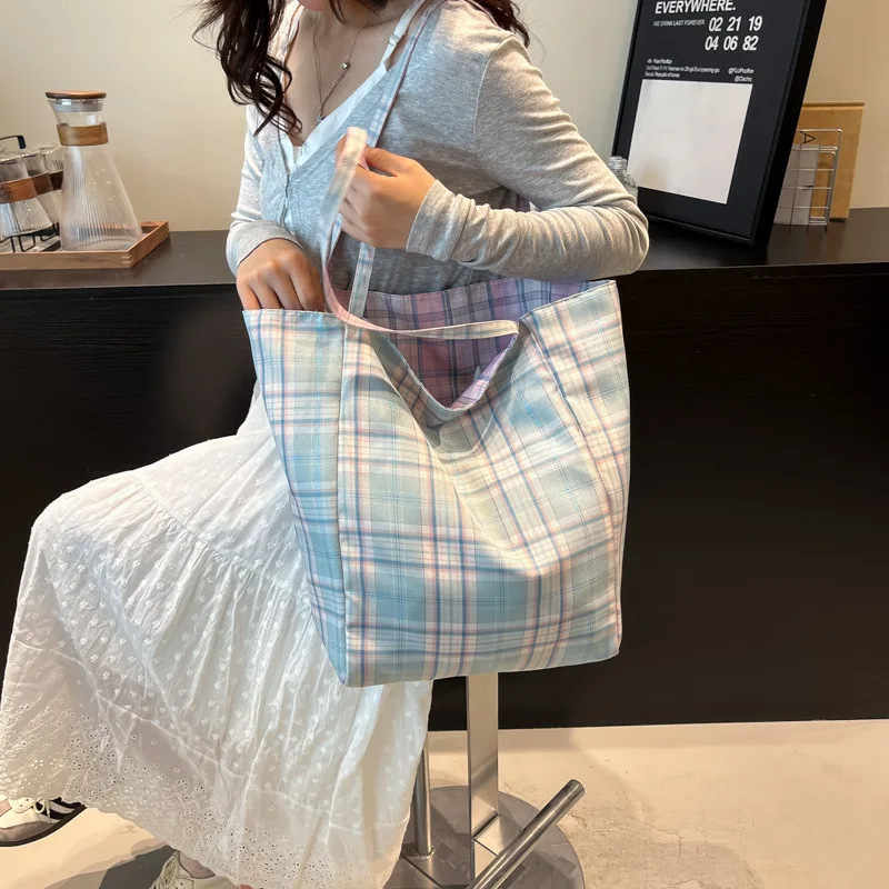 Women Plaid Tote Bag Large Capacity Casual Shoulder Handbag Pastel Checkered Daily Shopper Thin Strap Lightweight Travel