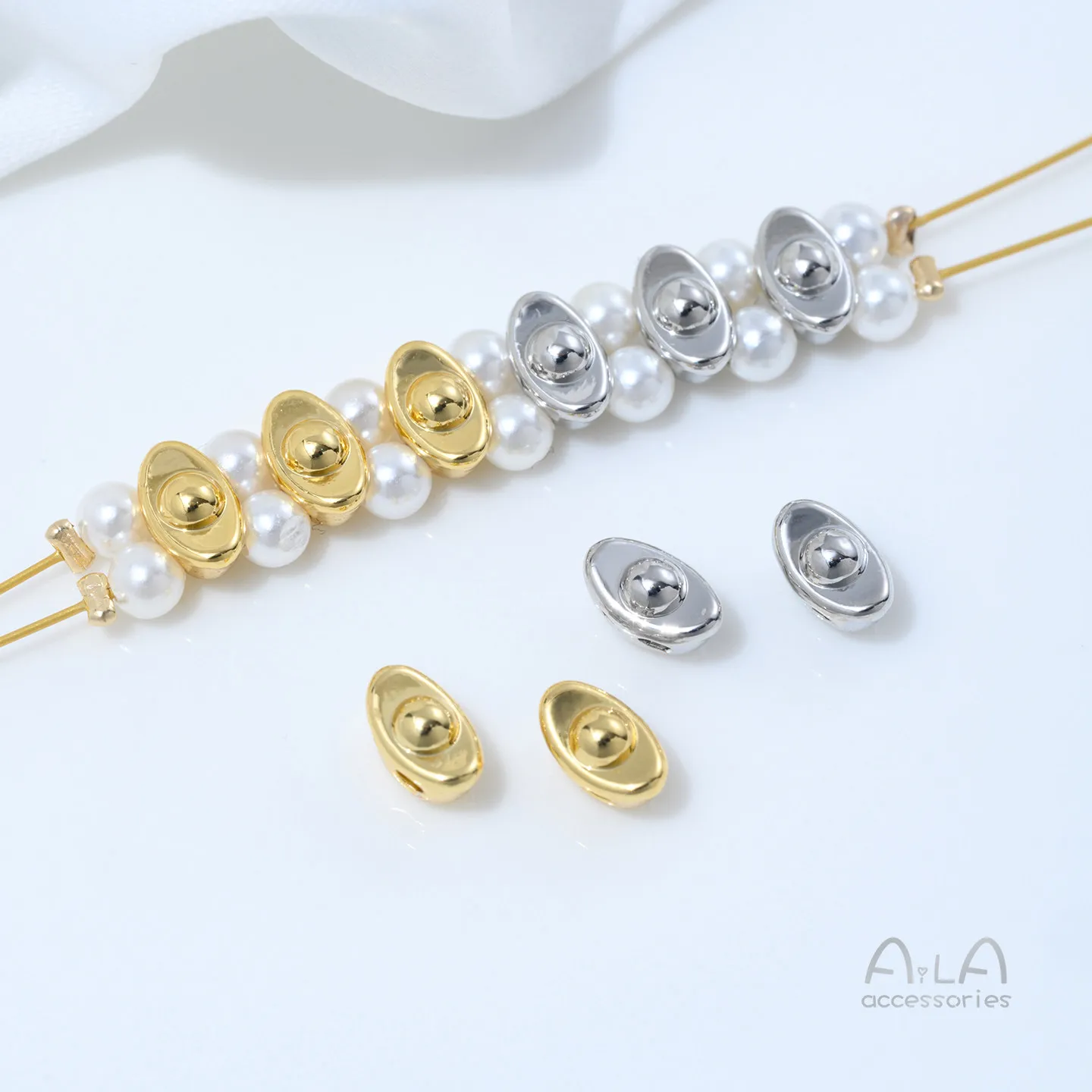 20PCS Shiny Gold Ingot Double Hole Beads 18K Gold Plated Handmade Pearl Jewelry Parts