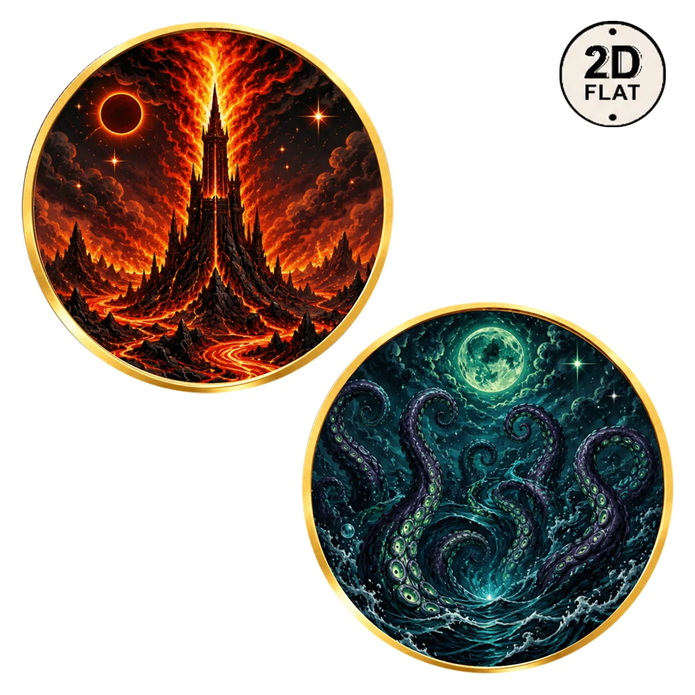 1pc Hell Lava Castle & Deep Sea Kraken Octopus Metal Challenge Coin Dark Moon Volcano Fantasy Collectible Medal Gothic Gifts