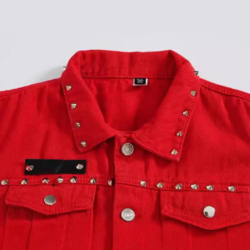 2026 Spring Fashion Men Red Denim Vest Rivets Studded Sleeveless Jacket Men Casual Waistcoat Cotton Cowboy Hip Hop Streetwear