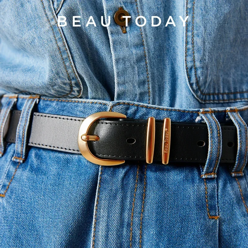 BeauToday Belt Women Cow Leather Horseshoe Buckle Sewing Retro Designer Ladies Jeans Dress Waistband Handmade 91005