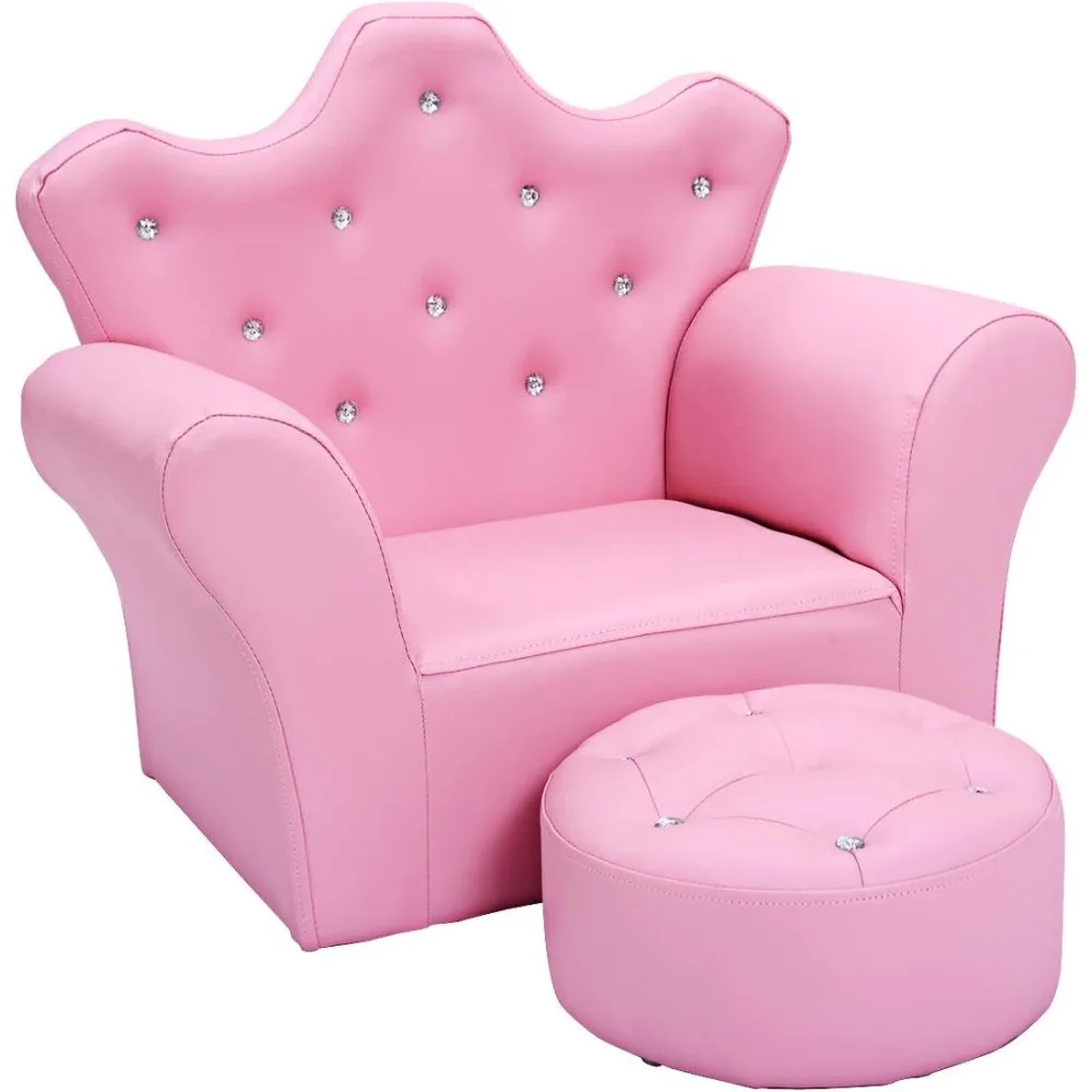 

Kids Sofa, Children Upholstered Sofa with Ottoman, Princess Sofa with Diamond Decoration, Smooth PVC Leather Toddler Chair