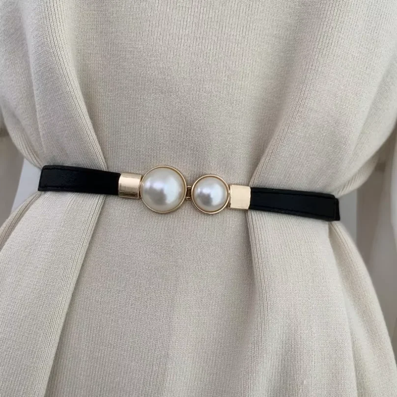 

Elegant Double Pearls Buckle Elastic Women Belts Thin Straps Lady Girl Dress Skirt Decor Waistbands Trouser Decoration GM113