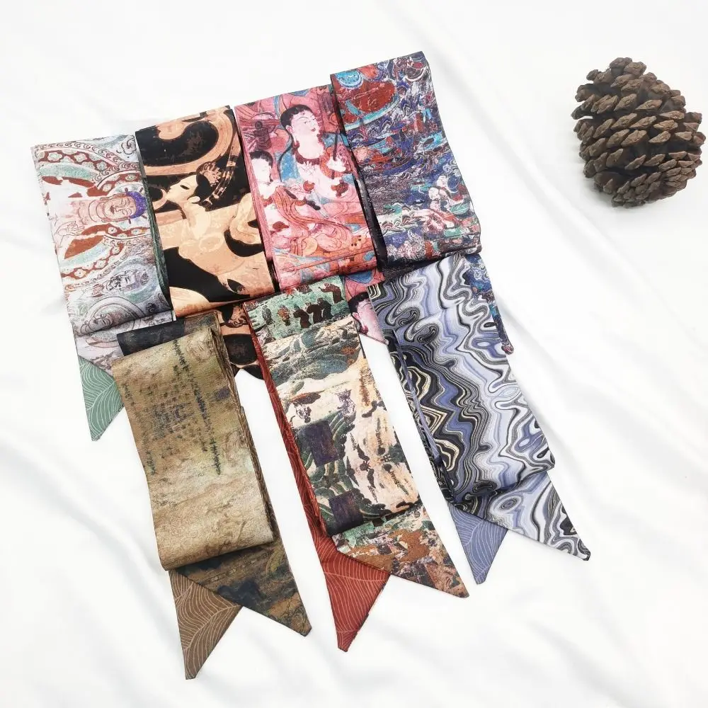 

Retro Floral Headband Oil Painting Chinese Style Headscarves Ribbon Butterfly Tie Hair
