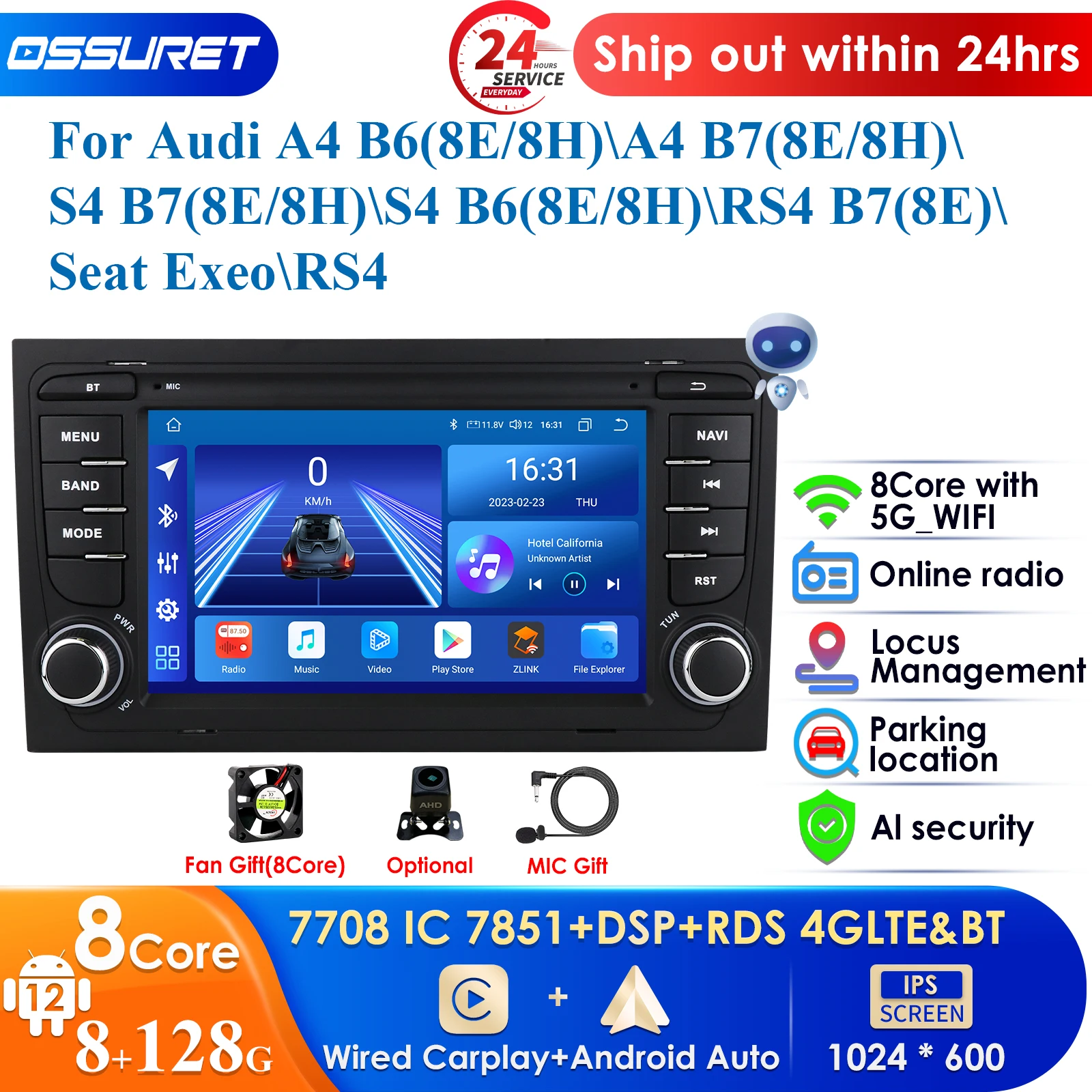 4G 7'' AI Intelligent System CarPlay Android Auto Radio for Audi A4 B6 B7 B8 S4 RS4 Seat Exeo Car Multimedia GPS 2din Autoradio