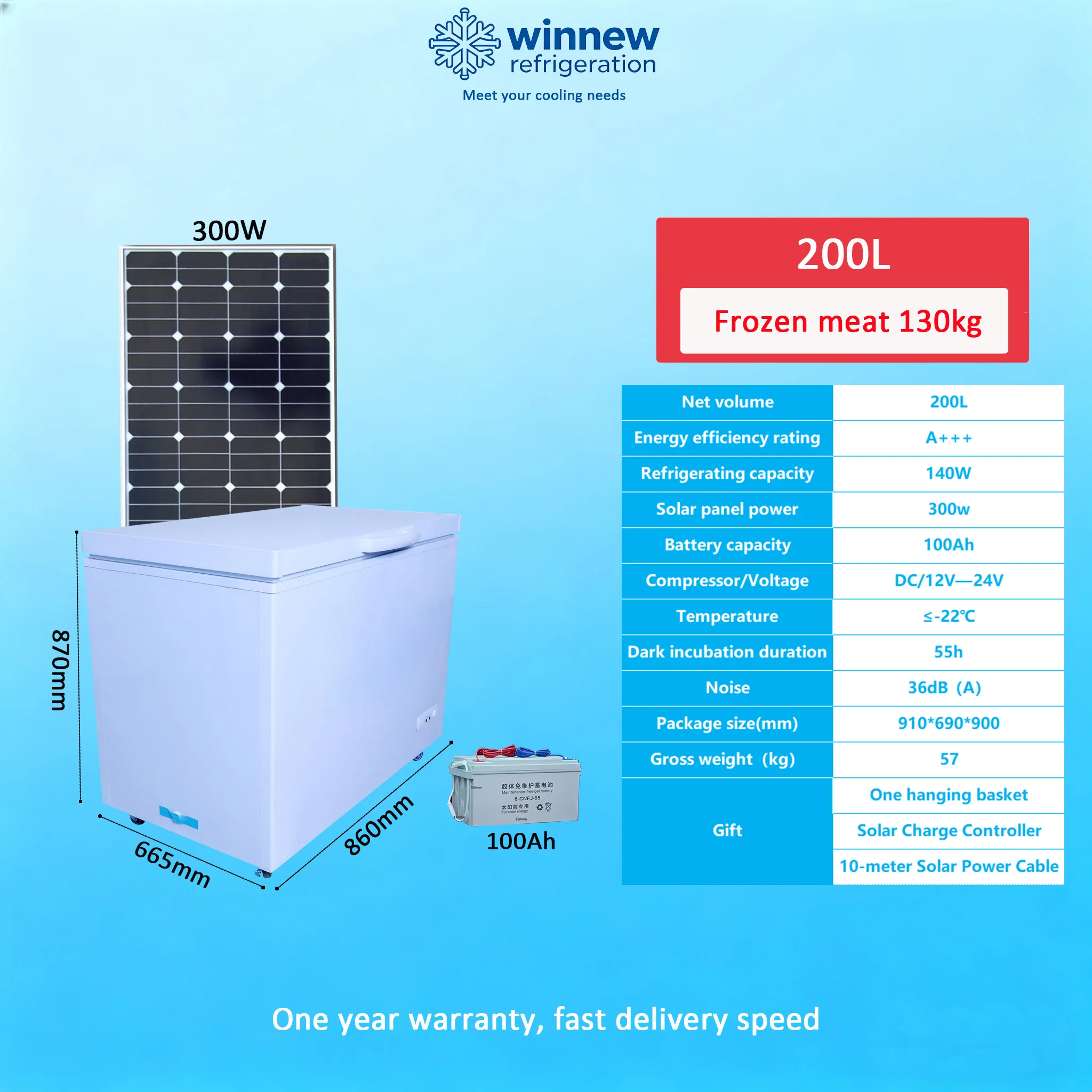 Solar 12V/24V DC Portable Chest Freezer with Solar Panel & Battery Energy-Saving Off-Grid for RV Camping