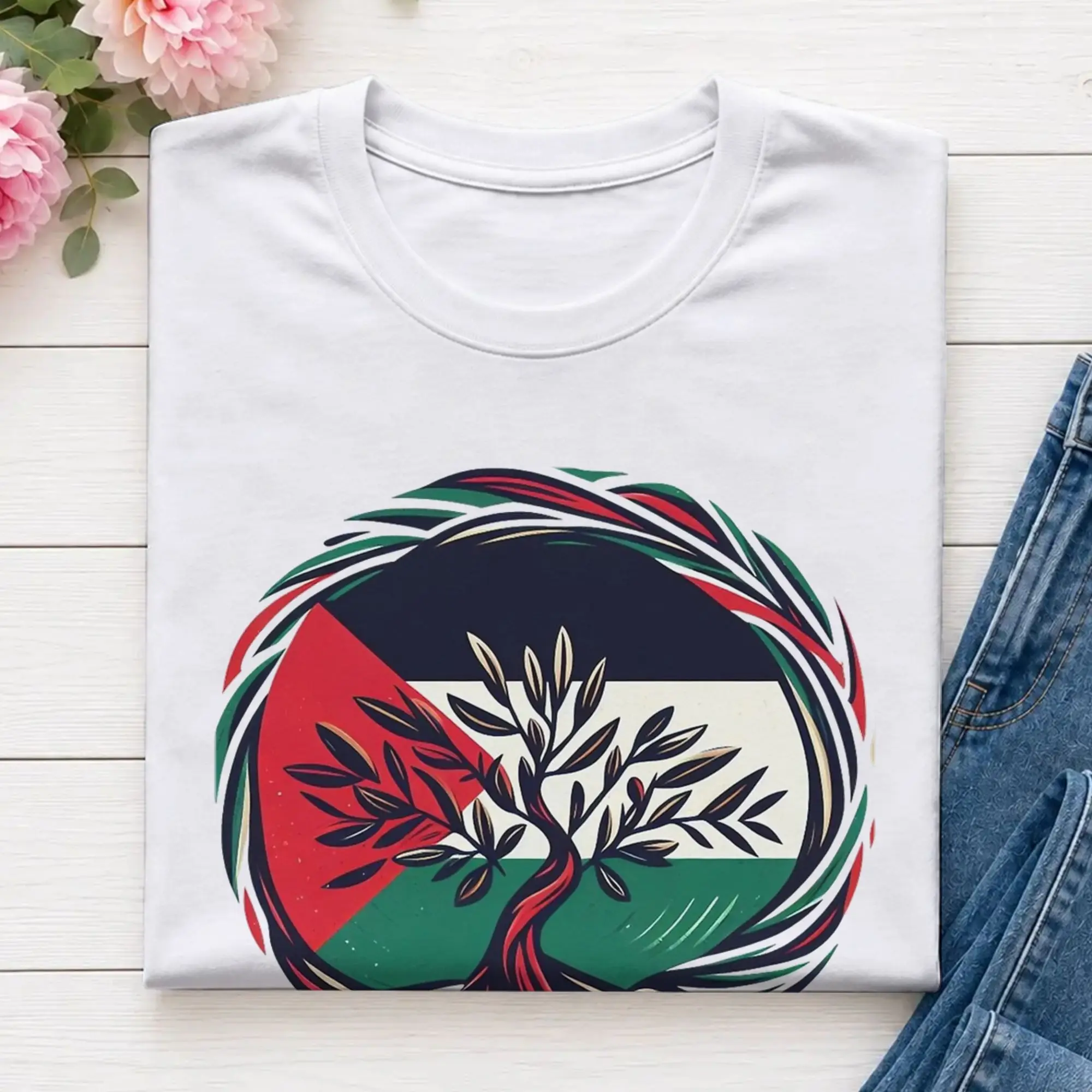 Palestine Flag & Olive Tree T Shirt Summer  Pure Cotton T-Shirts For Men Fashion Casual Tee Shirt Short Sleeve Retro Top Tees