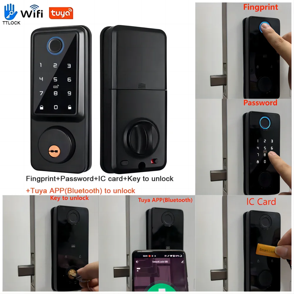 Tuya APP WIFI Electronic Lock Support 5 Unlocking Methods Fingprint+Password+lC/NFC Card+Key To Unlock+Tuya APP for Wooden Door