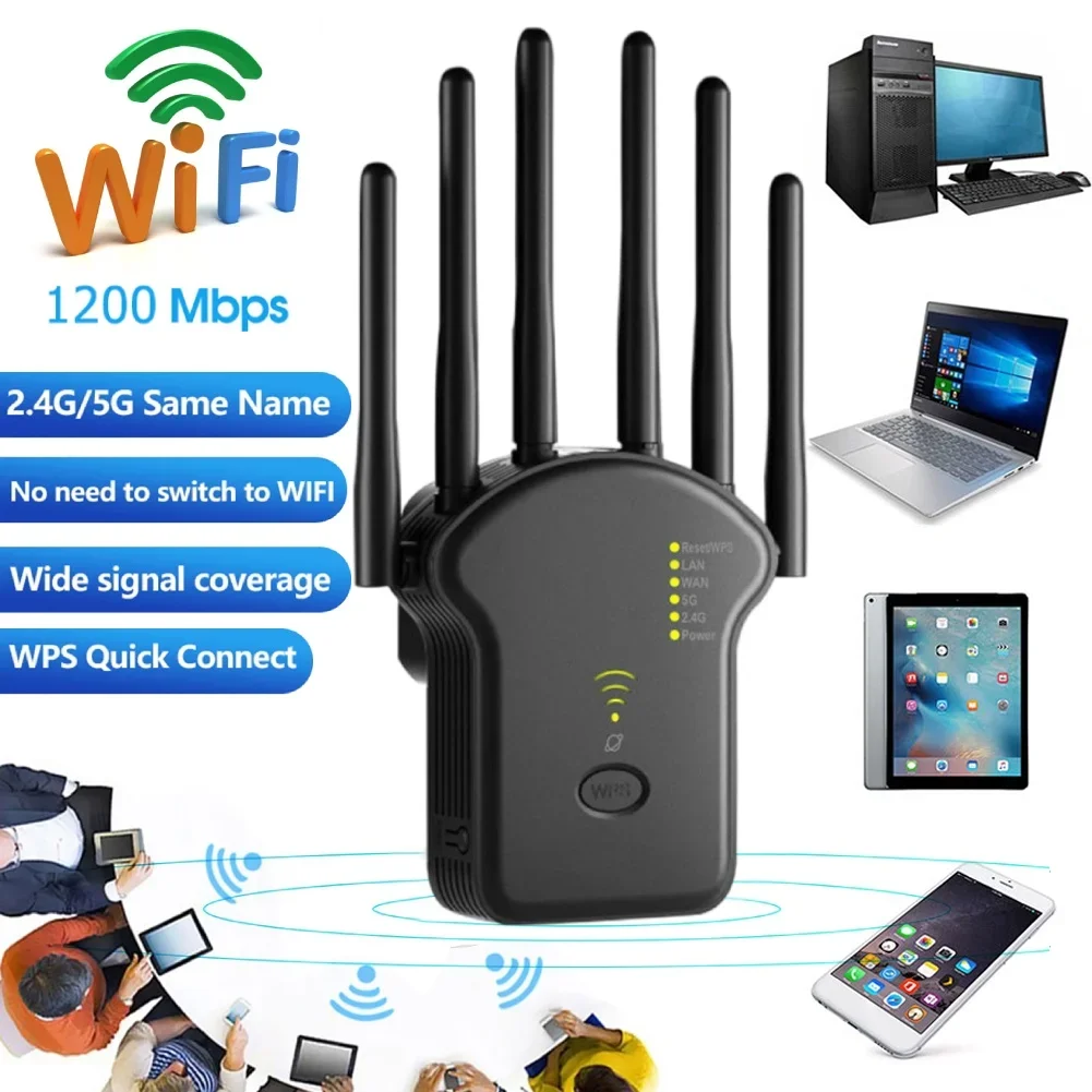 1200Mbps Wireless WiFi Repeater WiFi Signal Repeater Dual-Band 2.4G 5G WiFi Extender Antenna Network Amplifier WPS Router