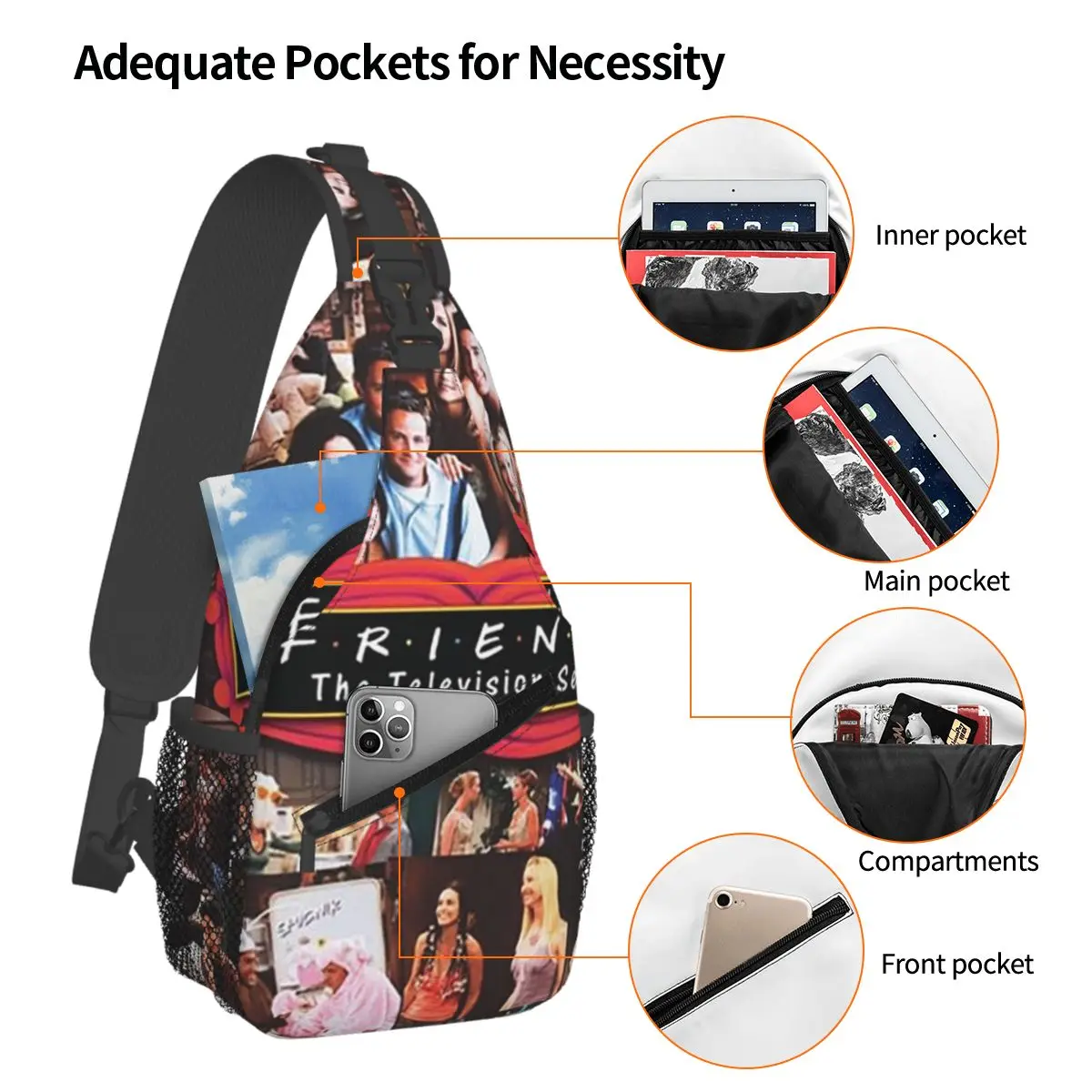ريترو خمر الأصدقاء الكولاج الكلاسيكية التلفزيون حقيبة صدر للرجال الرجال الرافعة Crossbody على ظهره حقيبة صدر للرجال السفر المشي لمسافات طويلة Daypack حقيبة كتف
