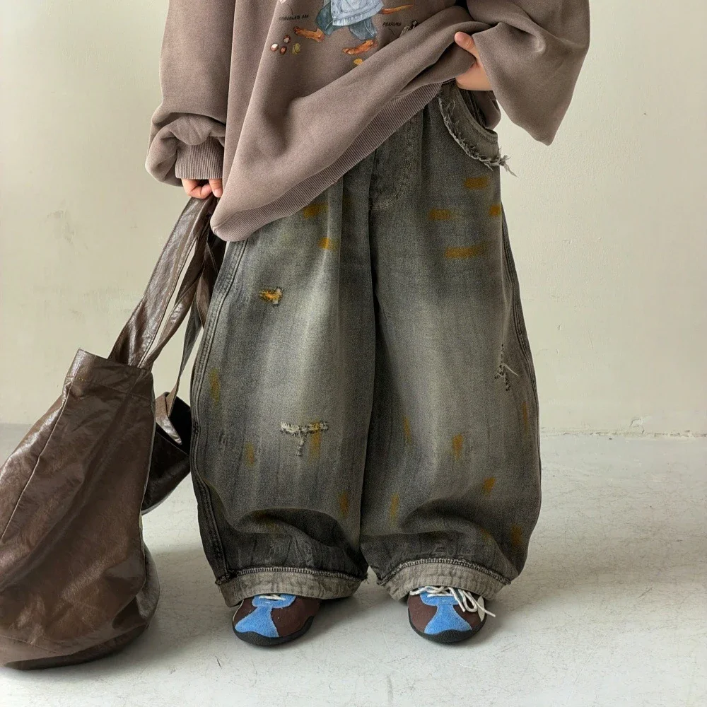 Boys Pants 2026 Autumn and Winter New Childrens Wear Korean Style Boys and Girls Retro Paint Holes and Velvet Jeans