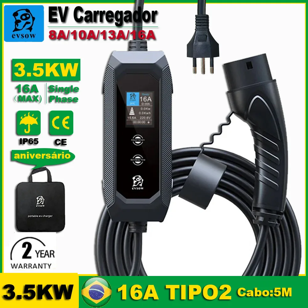 evsow Carregador EV Tipo 2 Carregador 3.5KW 16A Carregador de carro elétrico com ficha padrão brasileira 10A 20A Wallbox EVSE 5M