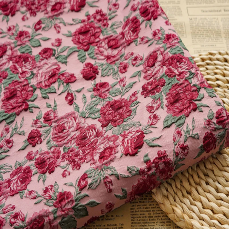 garden full of roses Jacquard Fabric 3D Texture Red Rose for Dress Clothing Designer Fashion Apparel Sewing Material Diy Cloth