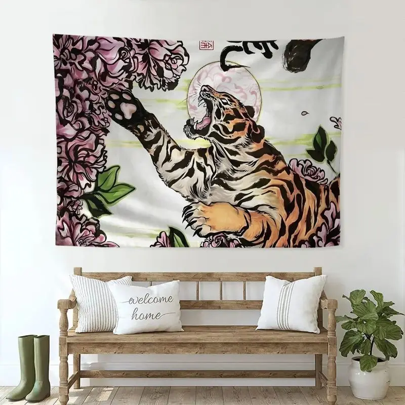 VIKAMA Asian Tiger Peony Tapestry Traditional Ink Art Print Wall Hanging Bedroom Dorm Apartment Aesthetic Home Decor