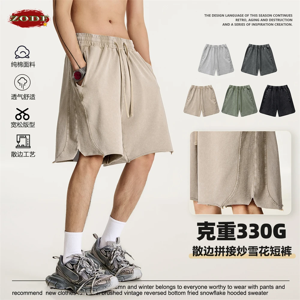 

ZODF винтажные летние шорты из стираного хлопка 2025 года для мужчин, унисекс, ретро, уличные шорты со свободными краями, потертые, 330 г/м2, HY1011