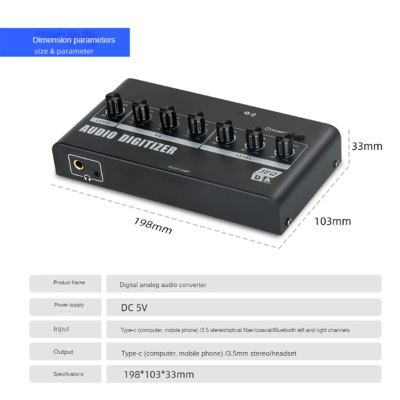 Digital To Analog Audio Converter Type-C /Bluetooth/Optical Fiber/Coaxial Connection Audio Amplifier Live Tuning