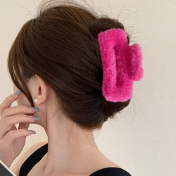 Plush Colorful Hair Claw Faux Fur Square Large Hair Clip Soft Warm Handmade Furry Grab Clip Headwear For Women Hair Accessories