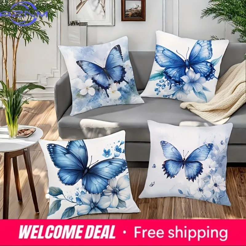 Blue Dancing Butterfly Print Home Decor Pillowcase Bedroom Living Room Sofa Decoration Polyester Cushion Cover with Zipper