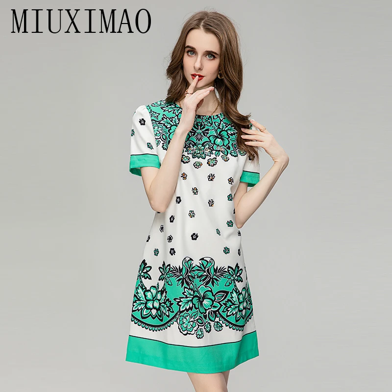 MIUXIMO-vestido fino de manga curta para mulheres, diamantes floridos, tanque verde, mini vestido solto, moda outono, 2023