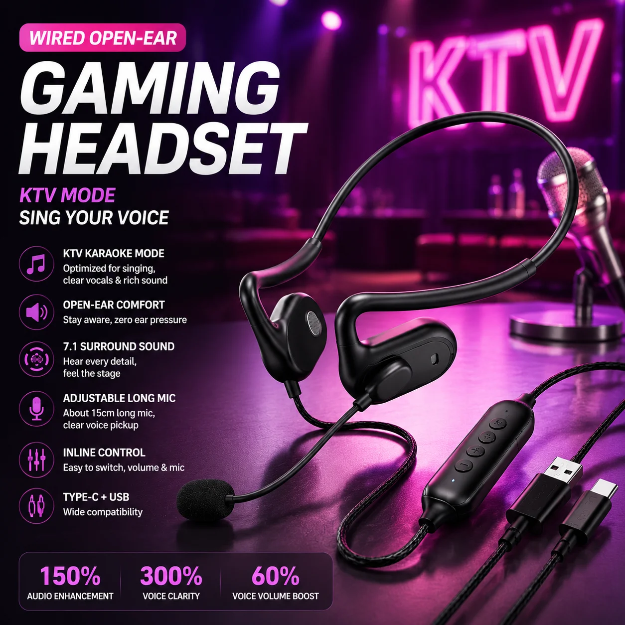 Over Ear wired headphones with microphone Air conduction USB Singing headset gamer Sound card gaming earphone For xiaomi huawei