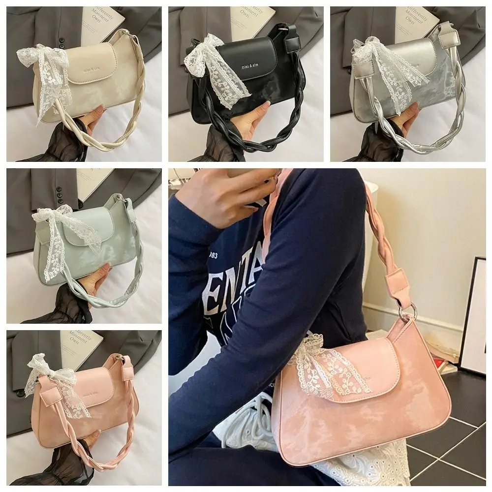 

Повседневная элегантная сумка подмышки с бантом, гладкая милая кружевная сумка с лентой, однотонная эстетичная женская сумка подмышками, женская сумка