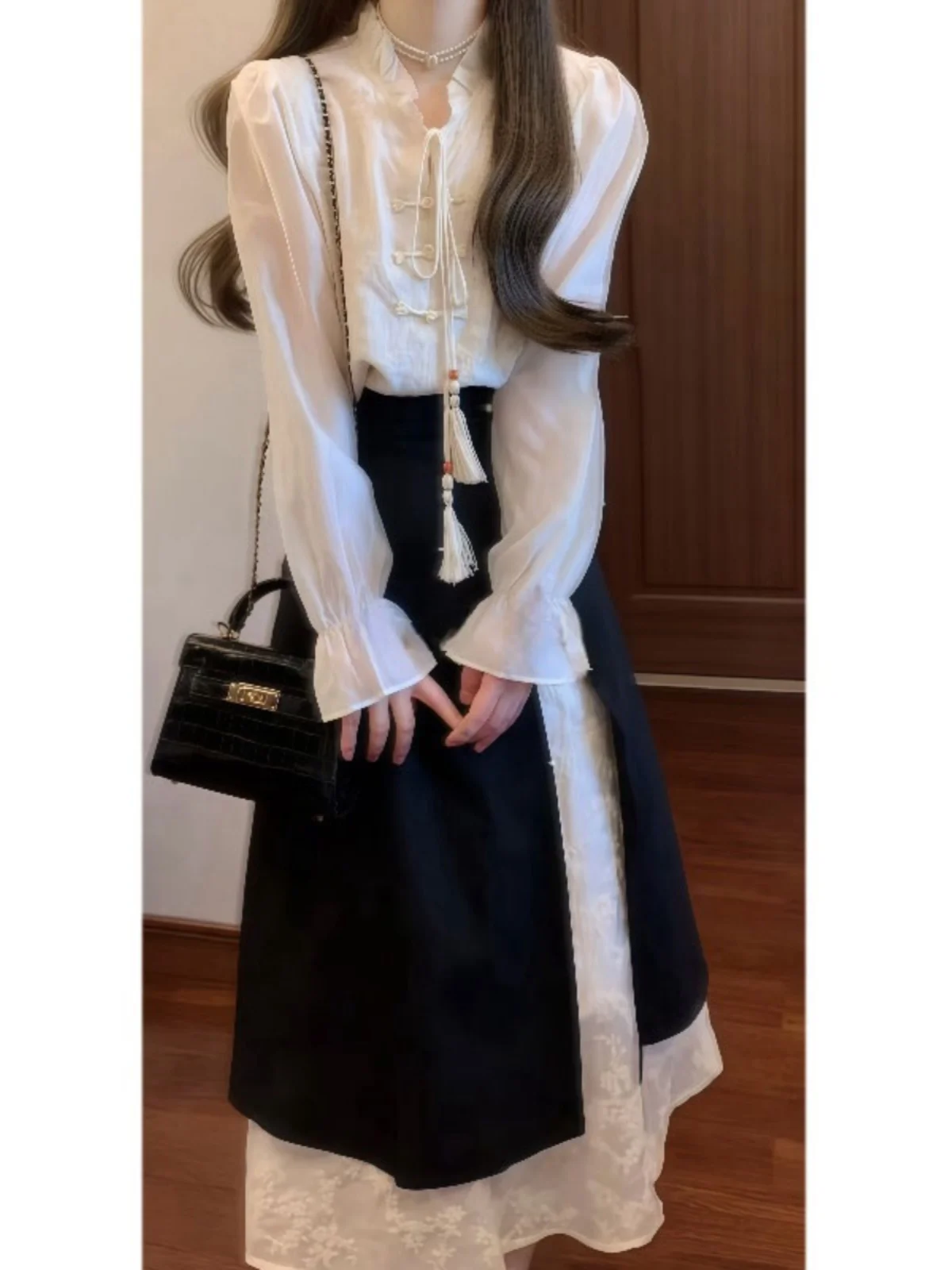 

Elegant Chinese Style Shirt Skirt Set Comfortable Cotton Long Sleeve Top mid Waist Long Skirt Two Piece Suite for Date