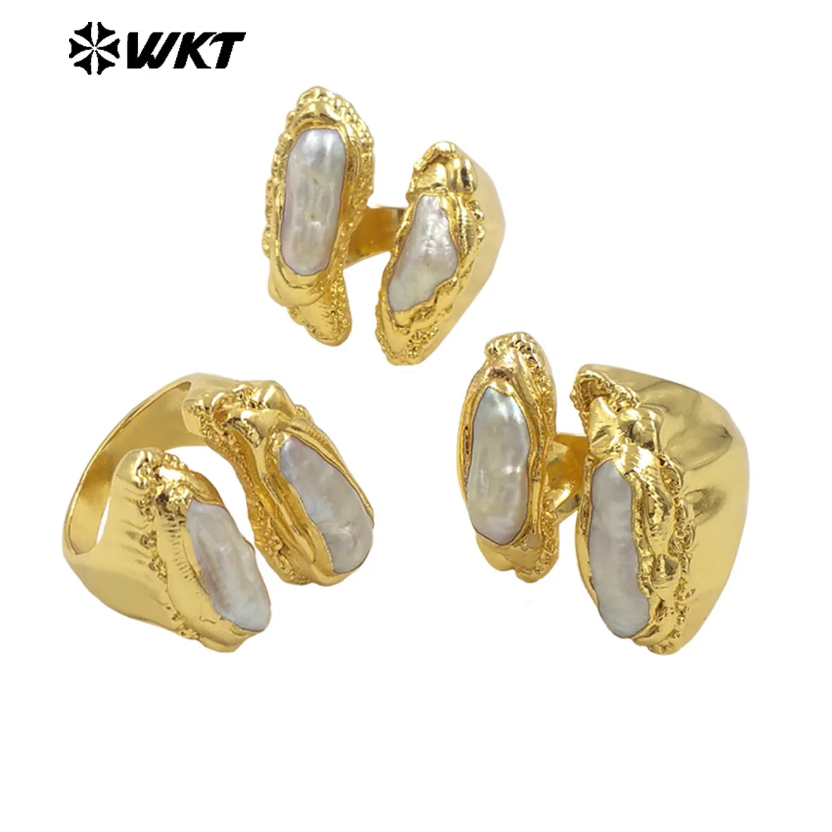 WT-MPR108 Natural Stone Quartz And Freshwater Pearl Exaggerate Design 18k Gold Plating Adjustable Ring For Party Jewelry