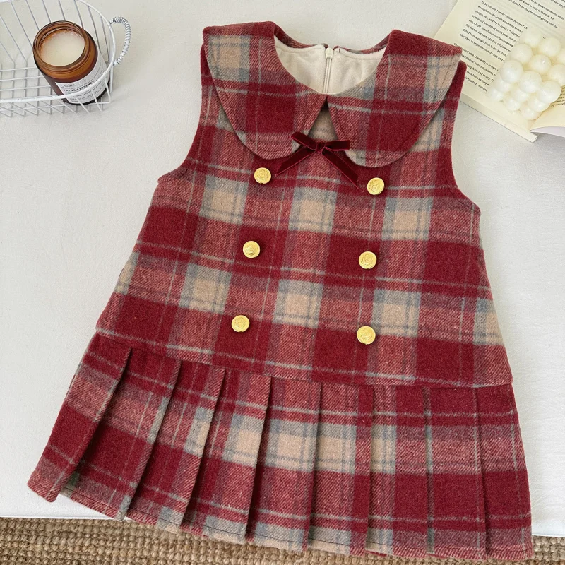 

Girls Fleece Vest Dress2024Winter Double Breasted England Red Plaid Christmas New Year Vest Dress