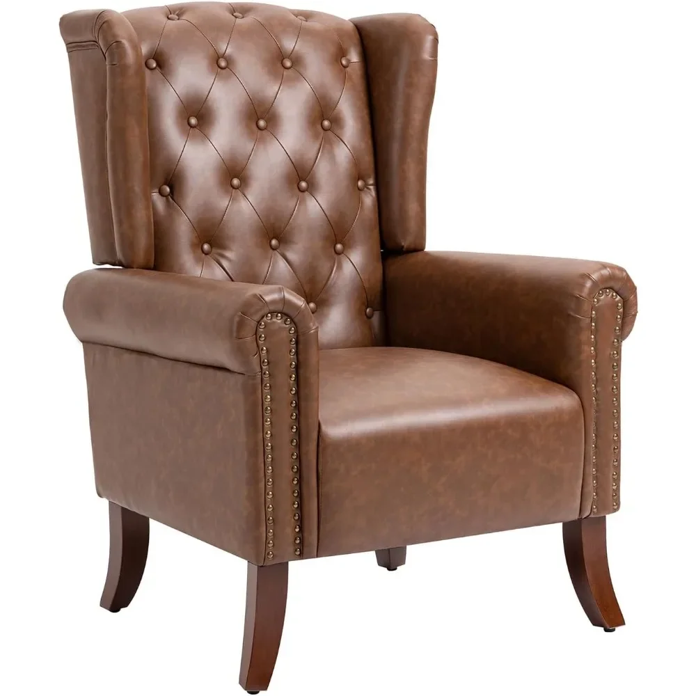 Mid-Century PU Leather Accent Chair, Living Room Lounge Sofa Chair with Buttons, Single Club Armchair with Rivet Trim