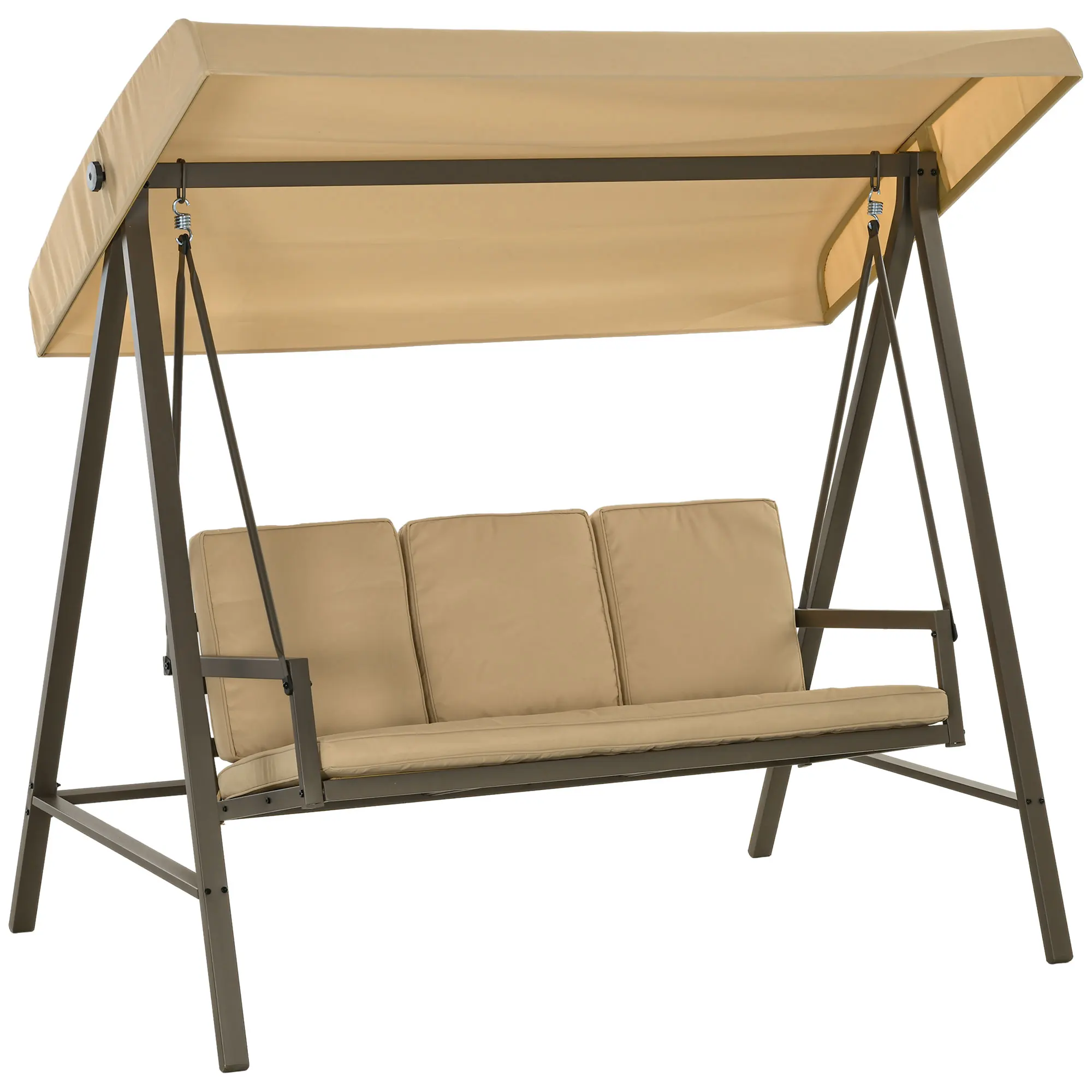 Beige Hollywood-Schaukel mit 3 Sitzen, Verstellbarem Baldachin, Rückenkissen, 360kg Tragkraft, für Garten & Terrasse