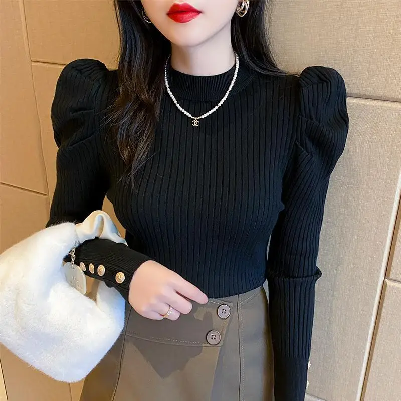 

Elegant Slim Solid Knit Pullovers Top Autumn Winter Long Sleeve All-match Simplicity Korean Sweaters Fashion Trend Women Clothes
