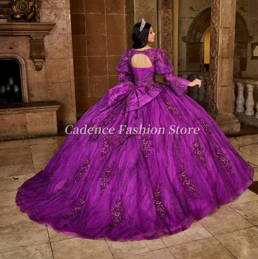 Maßgeschneidertes luxuriöses tiefviolettes Langarm-Prinzessin-Korsett-Abschlussballkleid für 15. Geburtstagsfeier, Quinceanera-Kleid, Spitzenapplikationen, große Schleifen