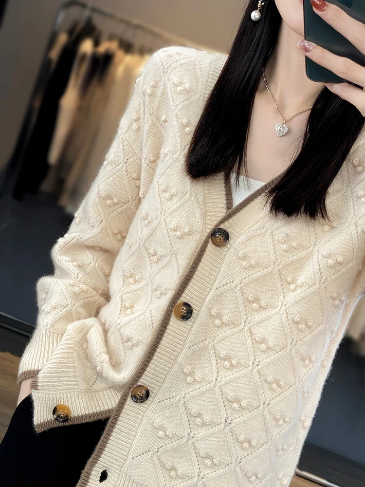 Women\'s Cardigan 100% Merino Wool Sweater Solid Long-Sleeved Female Fall Winter V-Neck Knitted Jacket Loose Soft Oversize Coat