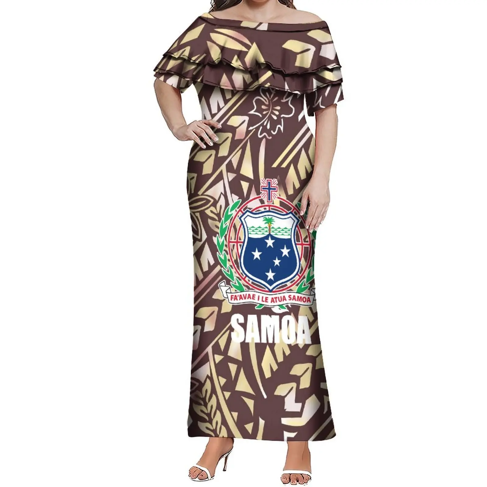 Summer Pacific Island One-Neck Double-Layer Lotus Leaf Women'S Dress Custom Pattern Samoya Slim And Sexy Dress