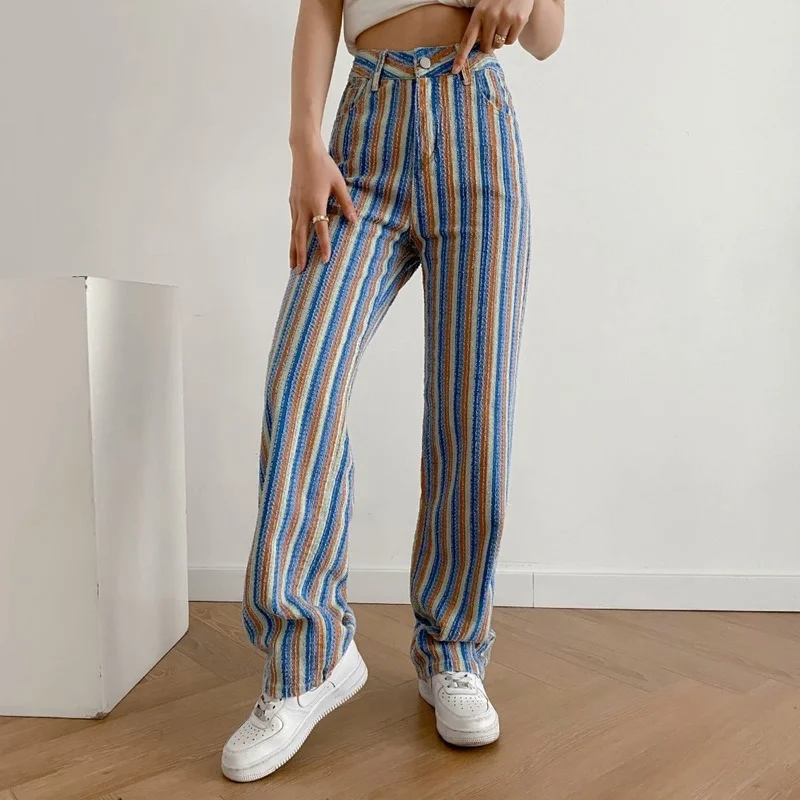 

Summer Women's Pants Women's Clothing e girl aesthetic Color Striped Straight Fashion High Waist Casual Pants Streetwear Women