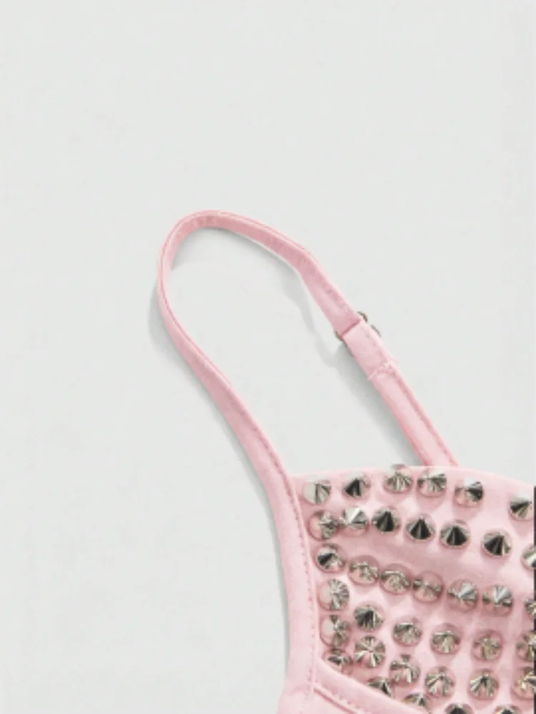 Studded Corset Top Women Pink Spiked V-Neck Crop Top Adjustable Strap Slim Fit Bustier Summer Y2K Punk Aesthetic Streetwear