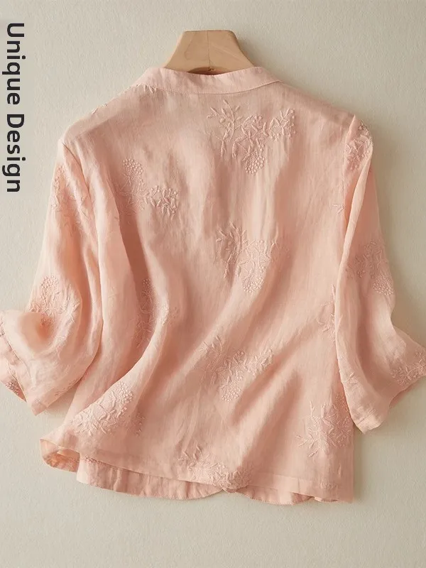 Retro pesado bordado lino ort Sve irt mujer nueva tendencia nacional china Sle botón de solapa oblicua algodón lino té...