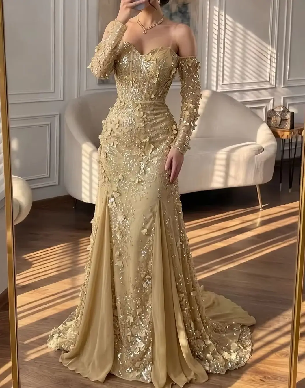 Customized Sequined Evening Dresses Women Sexy American Style Gold Formal Events Prom Dresses Collection Latest Luxury 2026
