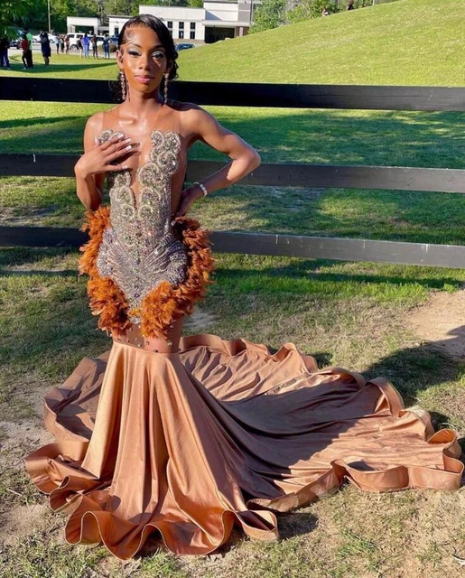 Brown Ostrich Feathered Short Prom Dress for Black Girl Luxury Diamond Crystal African Birthday Homecoming Gown AliExpress