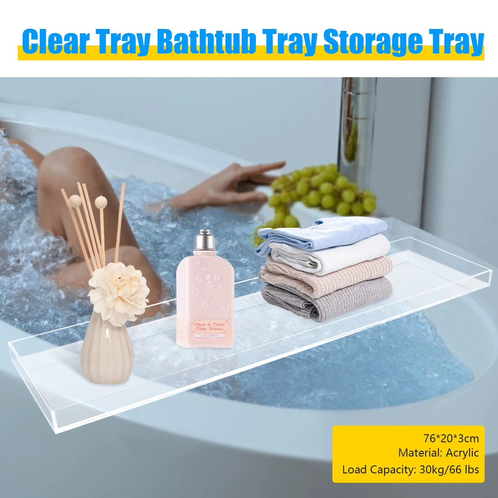 

31Inch Bathtub Caddy Tray Acrylic Bath Tray Over The Tub Bathtub Clear Bath Tub Holder Snack Cloth, Acrylic Bathroom Organizer