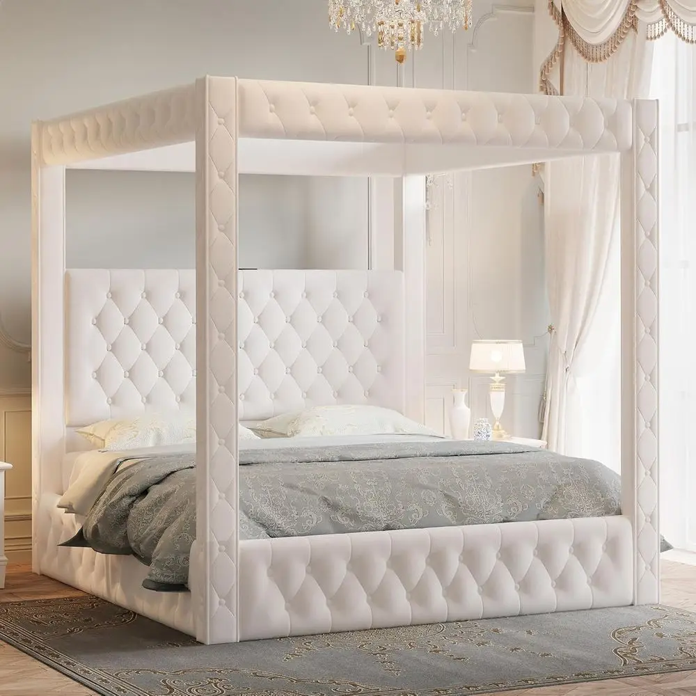 

Jocisland Upholstered Bed e Queen Size with 74.8" Tall our Poster and Velvet Deep-Tuted Tall board with Charging Station/ern Lux